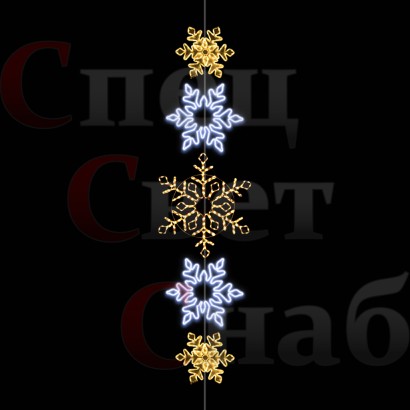 Световые Снежинки на нити 5 шт. Тепло-Белые Белые 3 размера